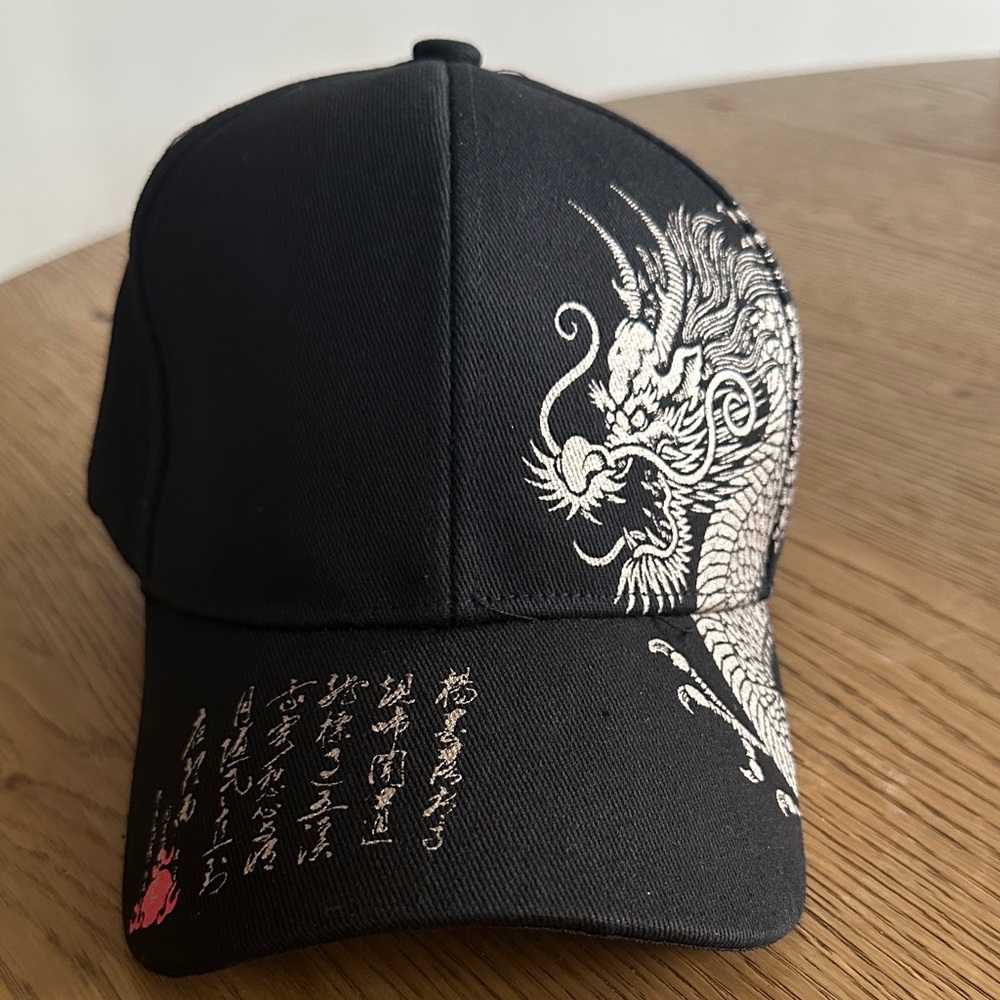 Black Baseball Cap with Silver Dragon Embroidery